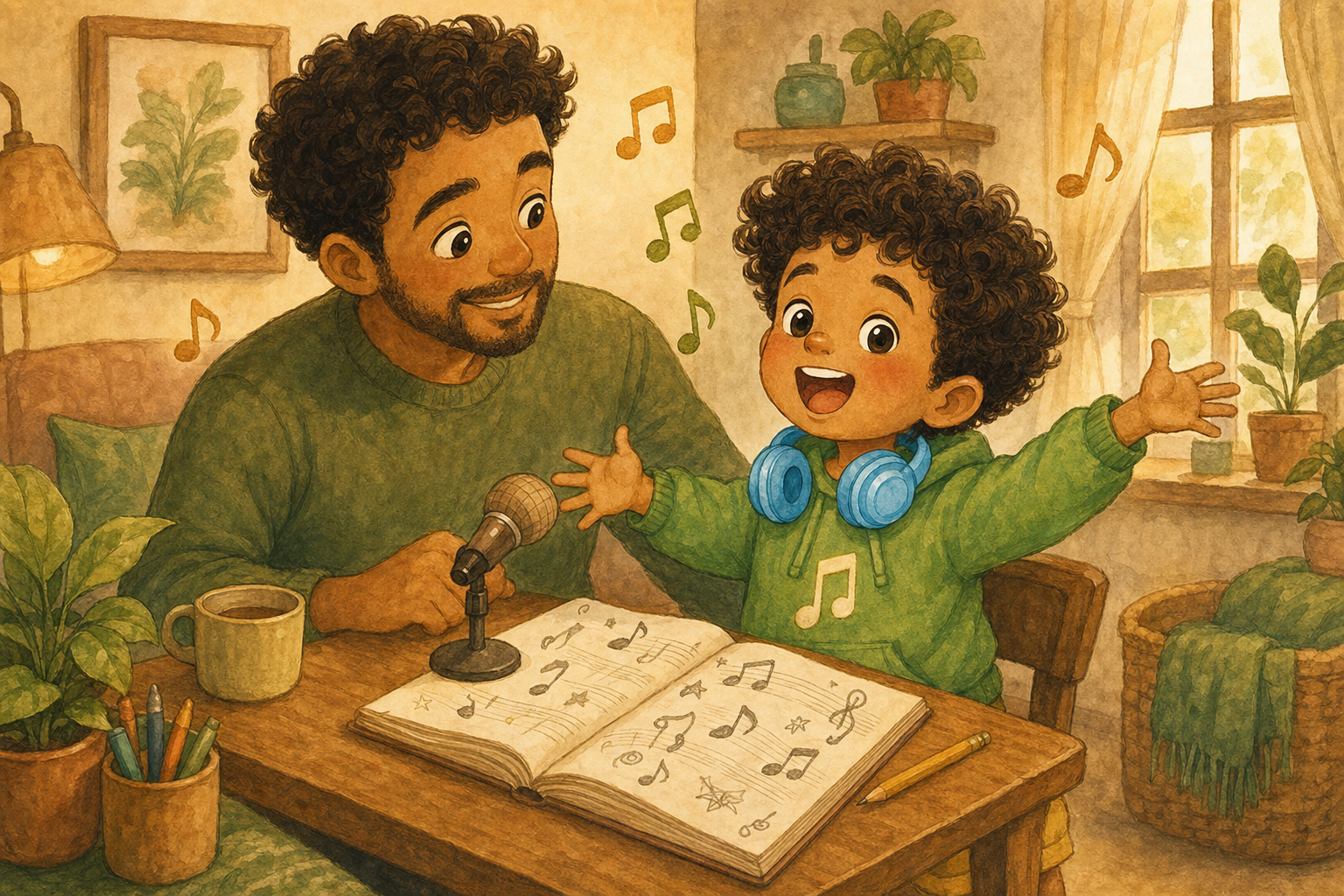 A parent and child writing a song together