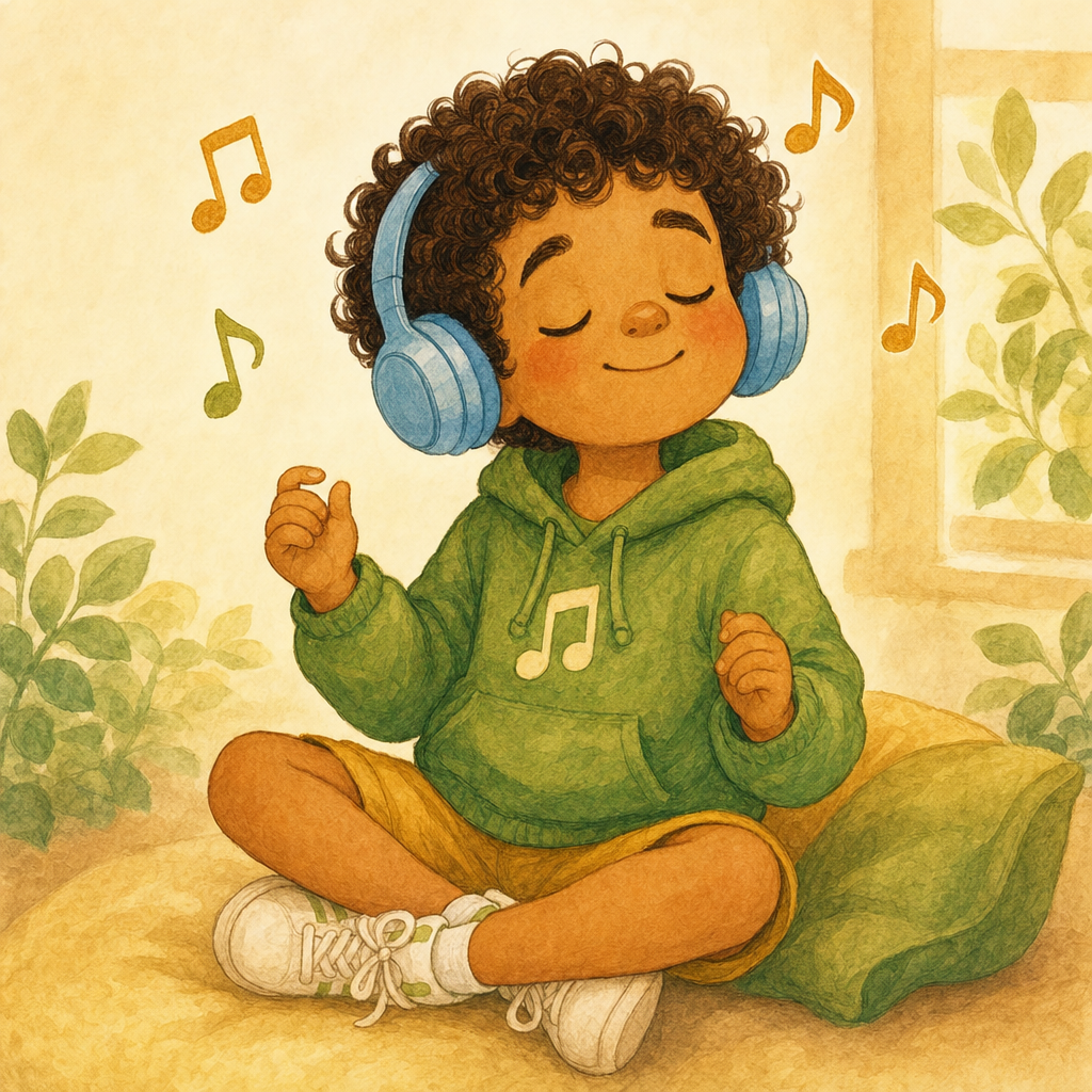 A happy child listening to their song