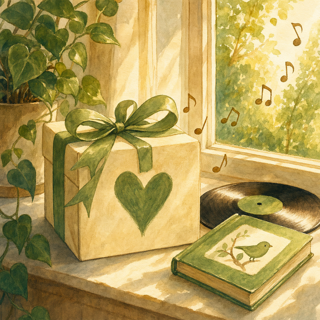 A gift wrapped in cream paper with a hand-painted green heart, beside a vinyl record on a sunlit windowsill